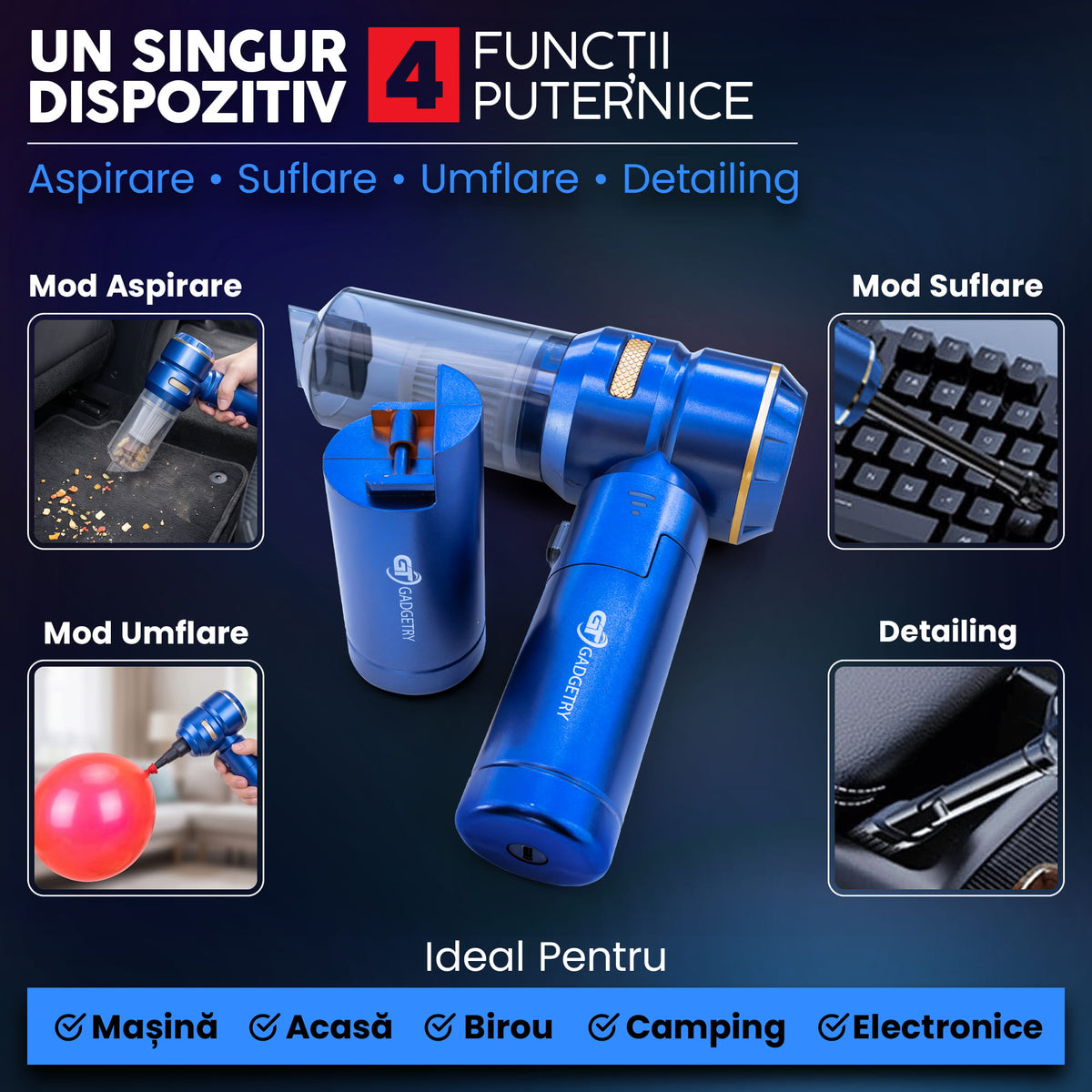 RESIGILAT: Aspirator Auto Portabil PRO3 Gadgetry cu Acumulator Interschimbabil 7500mAh 4 in 1, 18000Pa, 3 Viteze, 100W