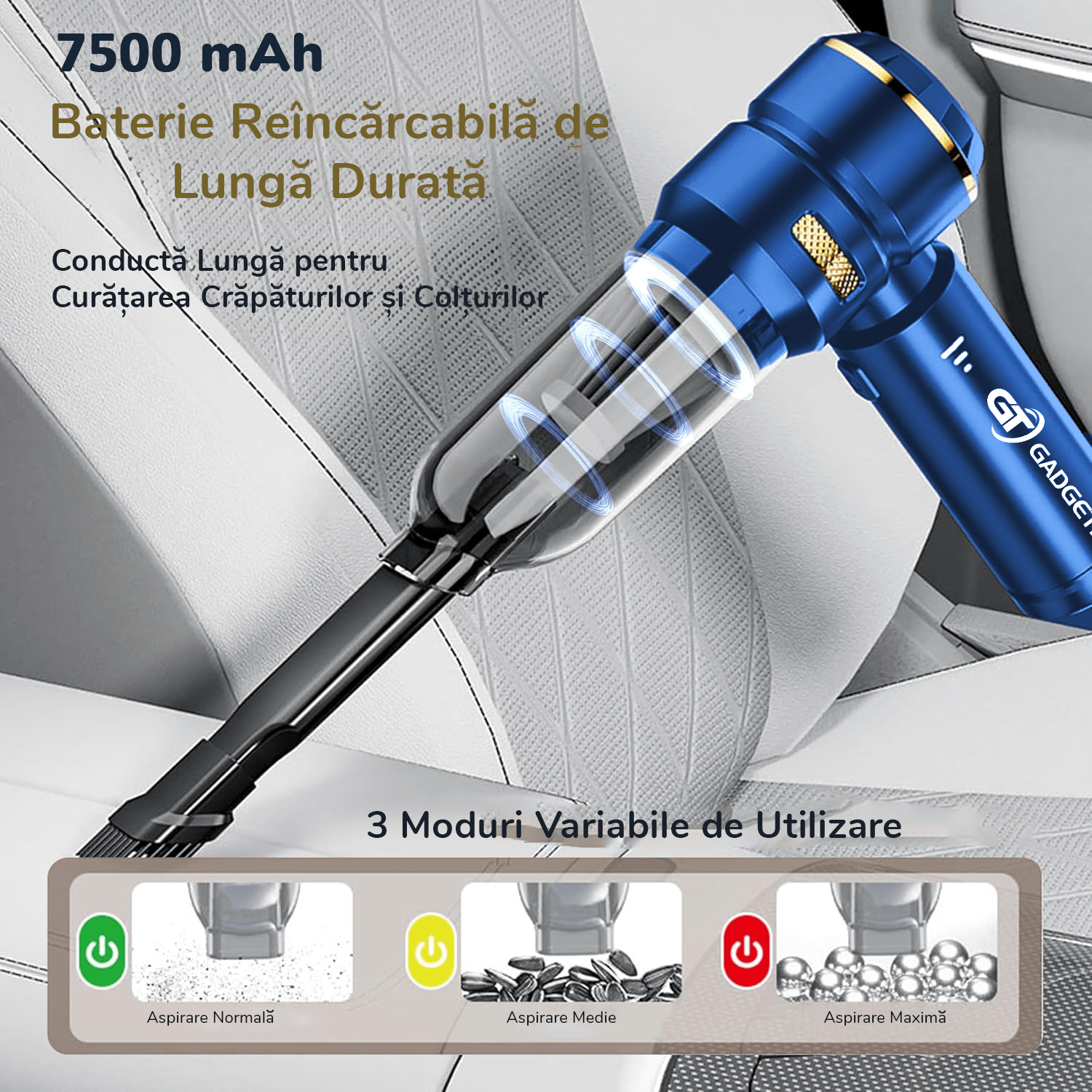 Aspirator Auto Portabil V2 Gadgetry cu Acumulator 7500mAh 4 in 1, 18000Pa, 3 Viteze, 100W