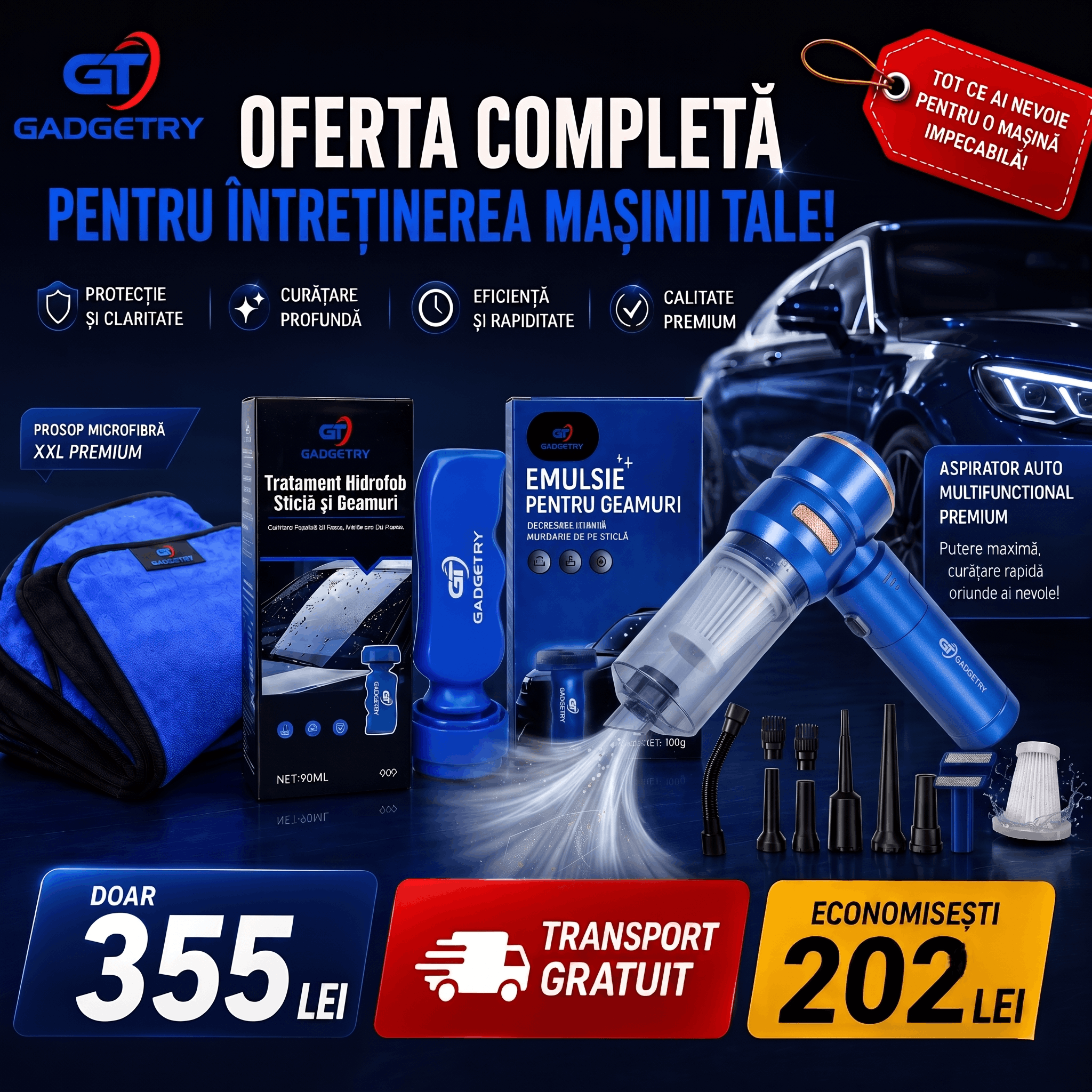 Pachet Promotional Ingrijire Auto Aspirator PRO3 + Prosop + Solutie Curatare + Tratamen Nano Hidrofob