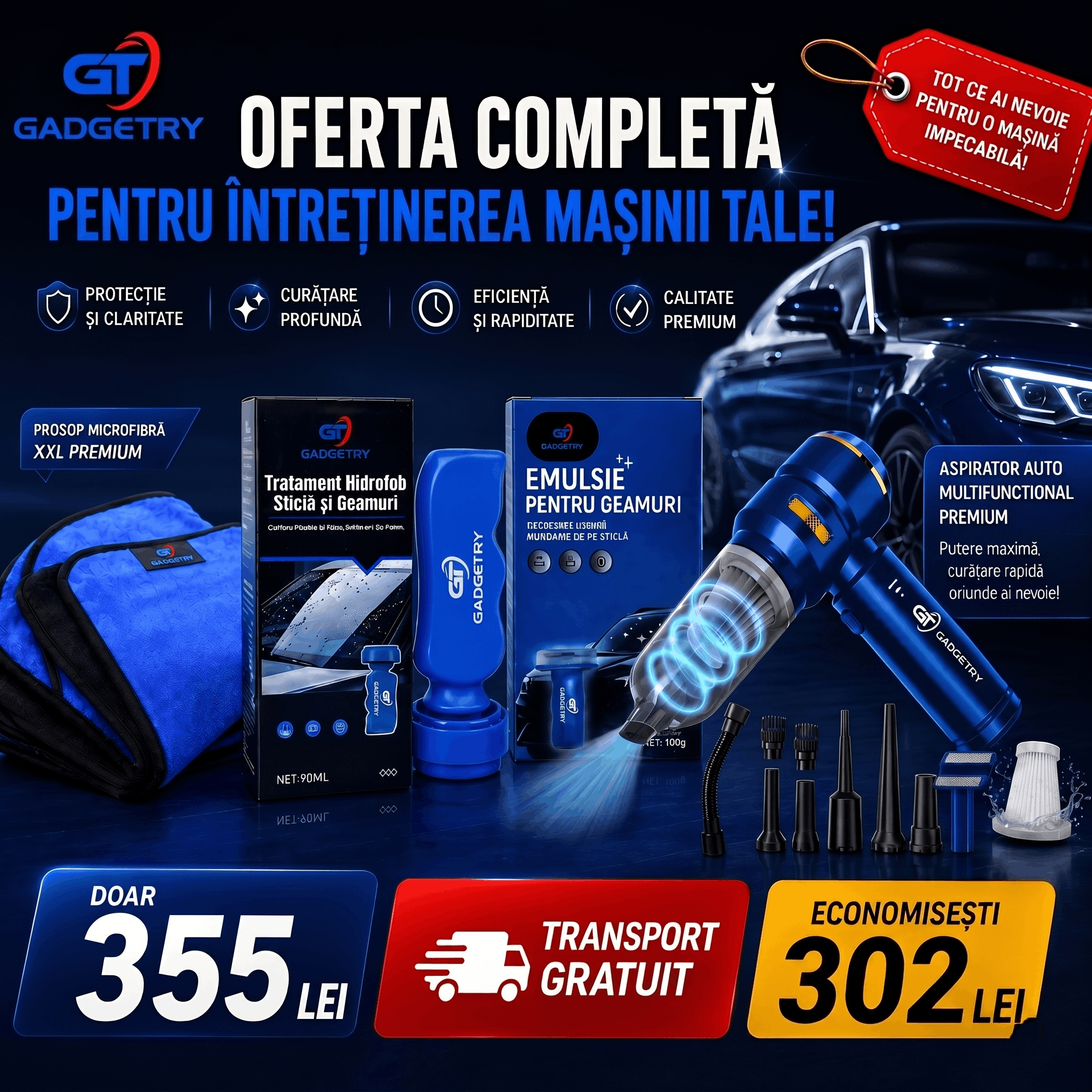 Pachet Promotional Aspirator + 3 Ani Garantie + 2x Set Filtre + Prosop + Solutie Curatare + Tratamen Nano Hidrofob