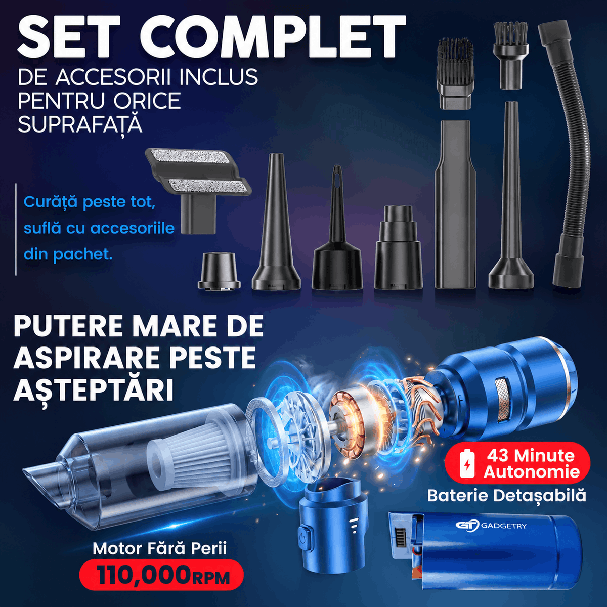 Aspirator Auto Portabil PRO3 Gadgetry cu Acumulator Interschimbabil Autonomie 43 Minute 4 in 1, 18000Pa, 3 Viteze, 100W