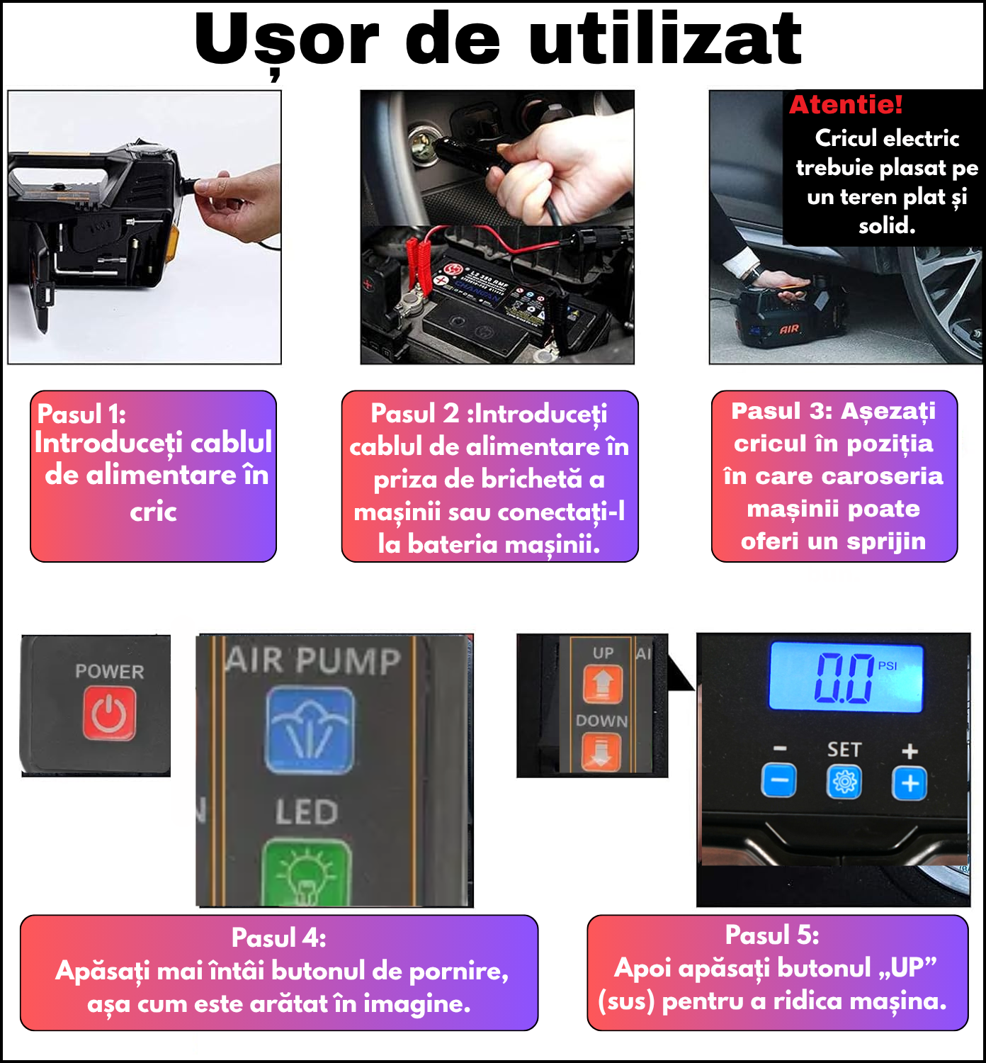 Cric Auto Electric de Podea, 5 Tone Hidraulic, cu Pompa de Umflare Anvelope si Indicator Digital Presiune