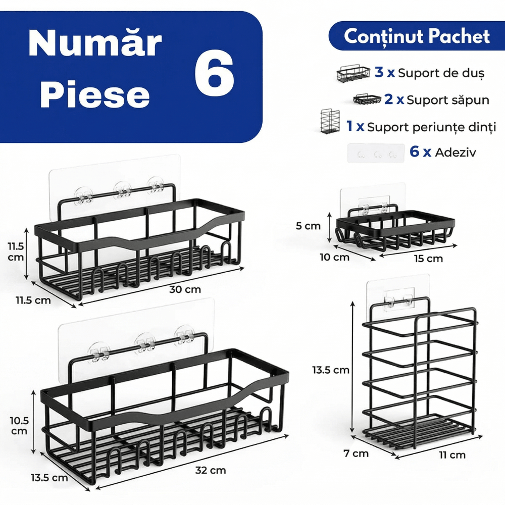 Gadgetry Raft de Dus, Etajera Baie si Bucatarie, Din Otel Inoxidabil, Pentru Depozitare in Bucatarie, Organizator Baie, set 6 rafturi de dus, Gel Dus, Montaj Fara Gauri, Gadgetry