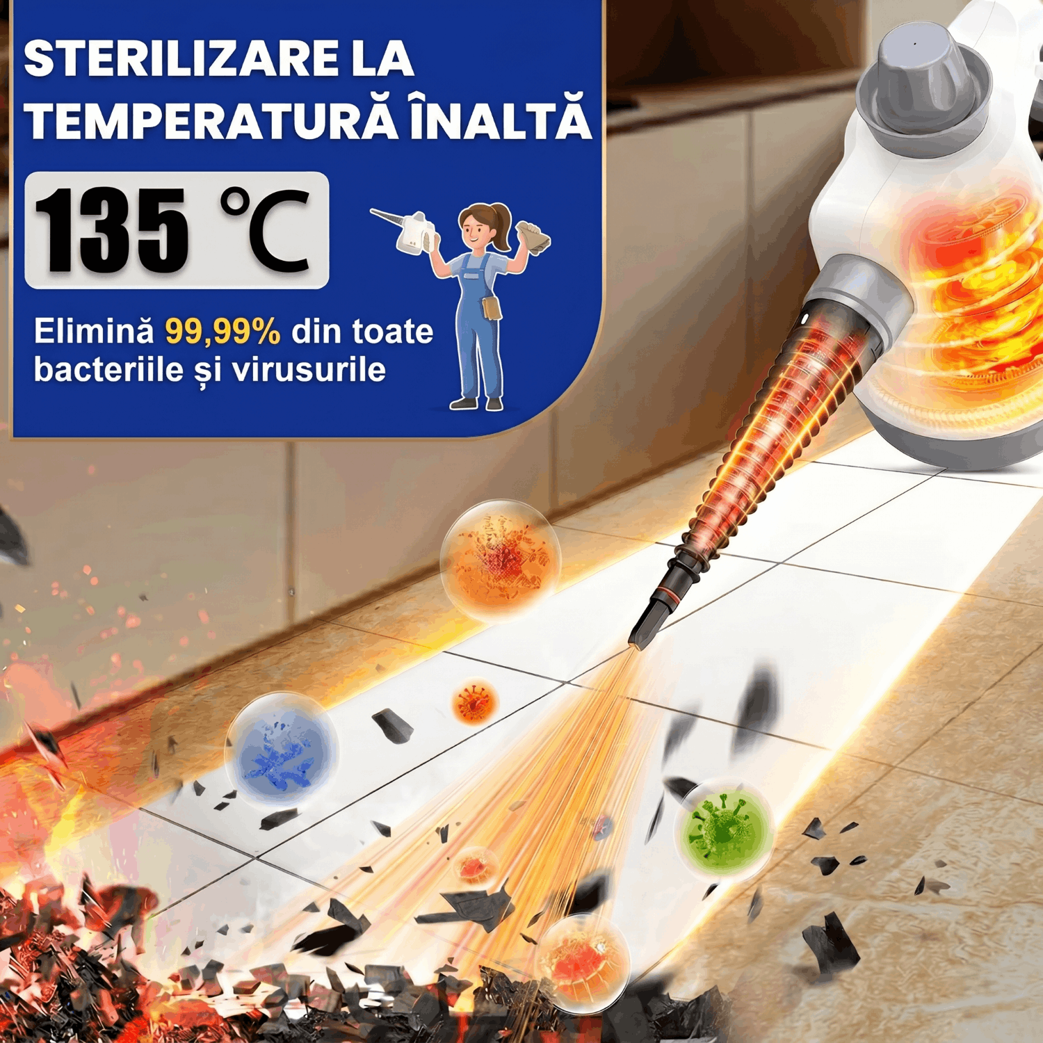 Aparat Portabil de Curățat cu Abur, 135°C, 900-1050W,3 Bari,Rezervor 450 ml, 9 Accesorii, Curățare Fără Chimicale, pentru Casă, Mașină, Bucătărie, Baie și Tapițerie