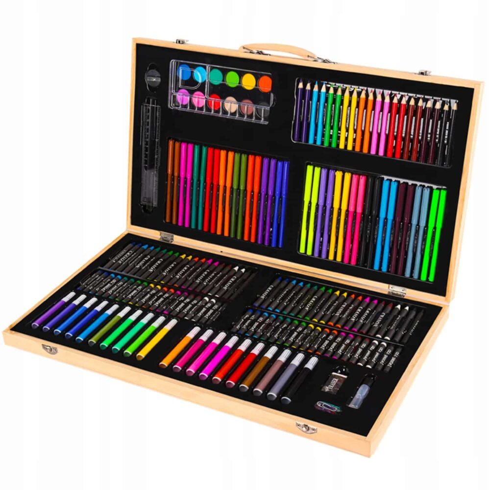 Set 180 piese pentru desen pentru copii sau adulti, creioane colorate, vopsele si markere, cu geanta de transport din LEMN MASIV, model AVX-WT-ART-10