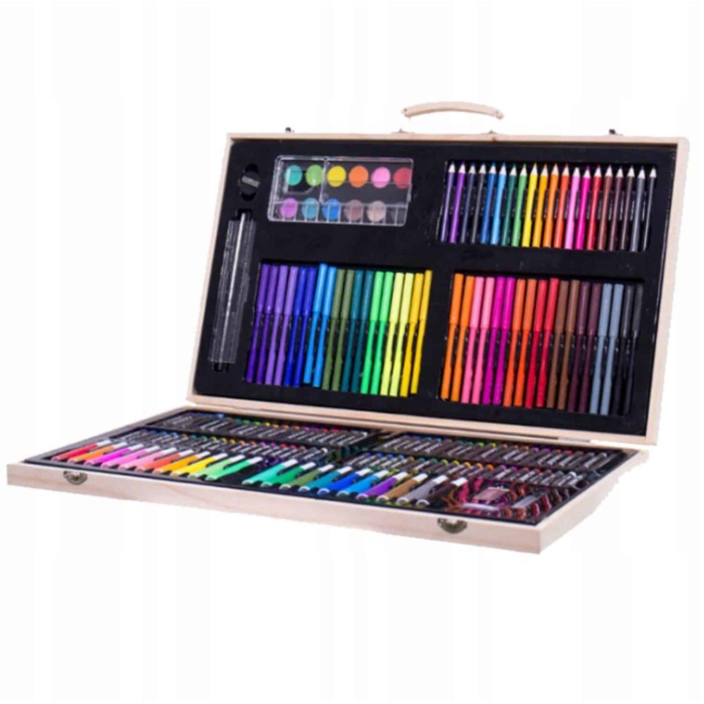 Set 180 piese pentru desen pentru copii sau adulti, creioane colorate, vopsele si markere, cu geanta de transport din LEMN MASIV, model AVX-WT-ART-10