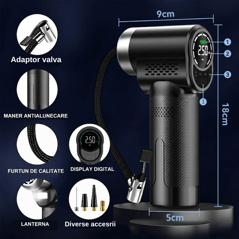 Compresor Auto Digital de Aer Portabil Reincarcabil, Gadgetry, 150 Psi, Pompa electrica