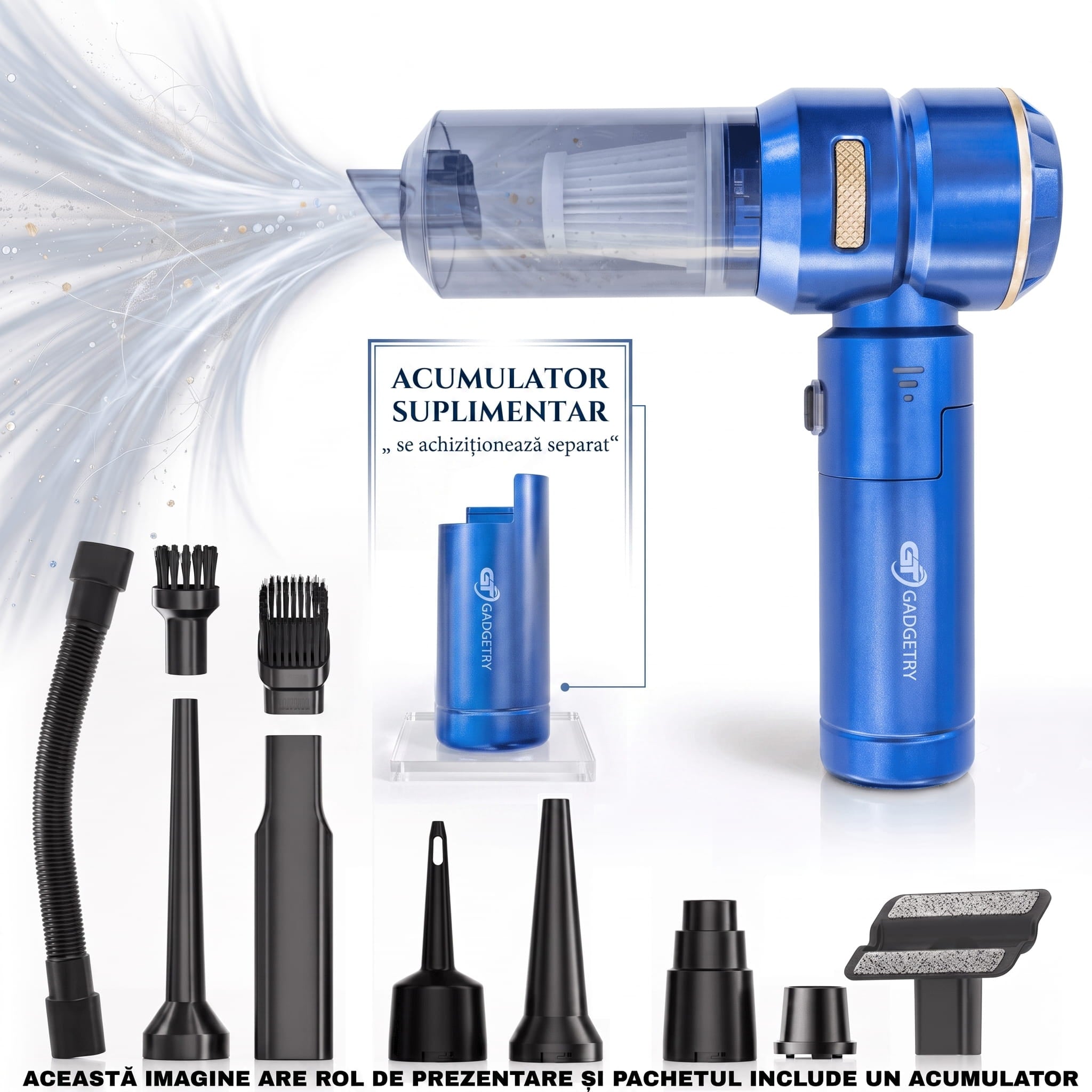 Aspirator Auto Portabil PRO3 Gadgetry cu Acumulator Interschimbabil 7500mAh 4 in 1, 18000Pa, 3 Viteze, 100W