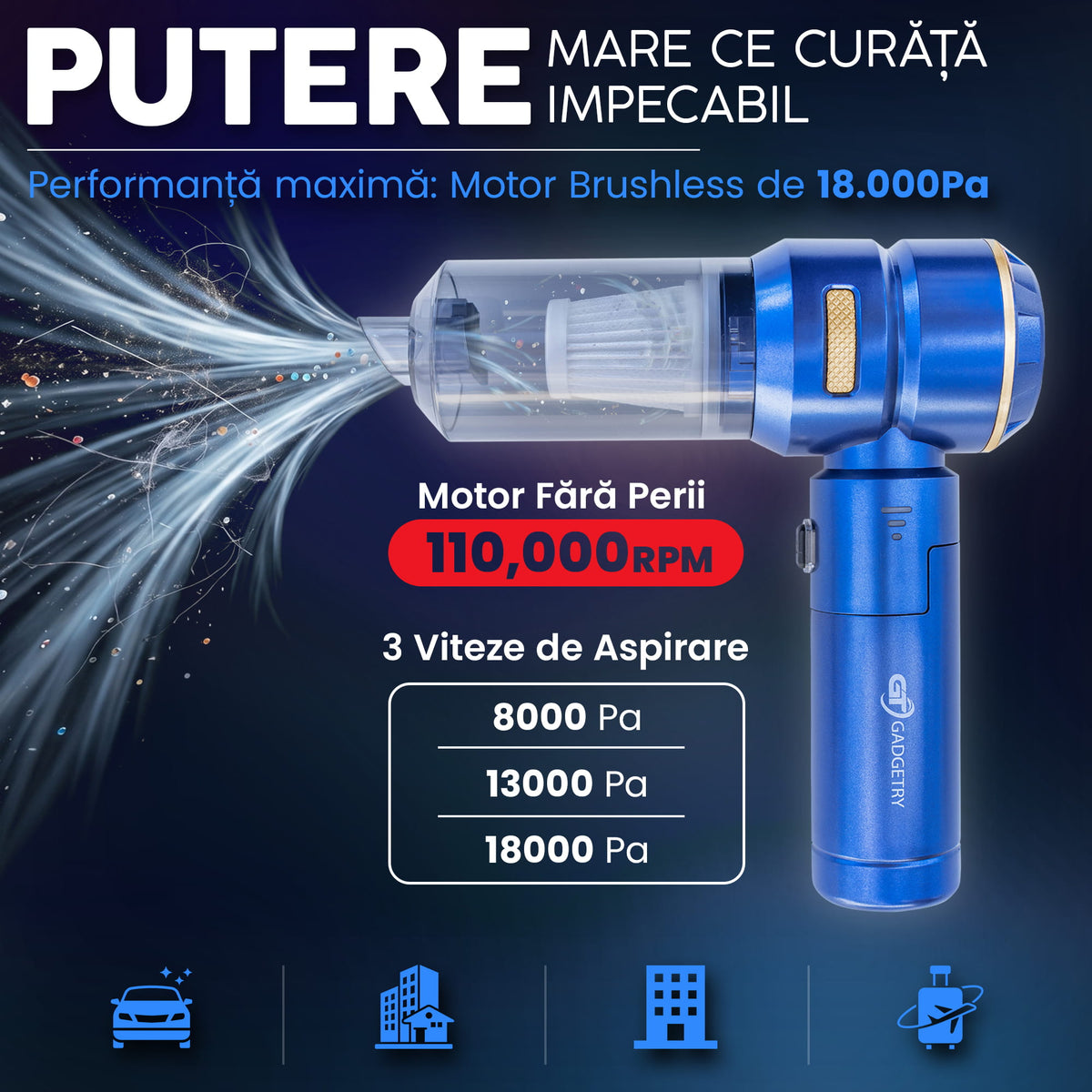 RESIGILAT: Aspirator Auto Portabil PRO3 Gadgetry cu Acumulator Interschimbabil 7500mAh 4 in 1, 18000Pa, 3 Viteze, 100W