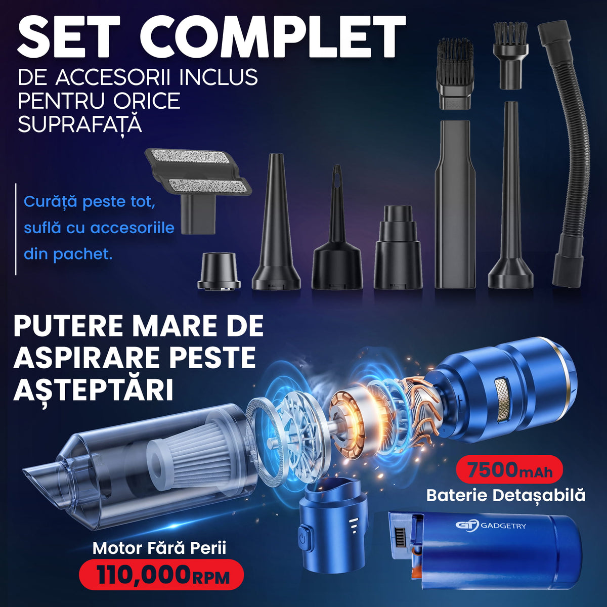 RESIGILAT: Aspirator Auto Portabil PRO3 Gadgetry cu Acumulator Interschimbabil 7500mAh 4 in 1, 18000Pa, 3 Viteze, 100W