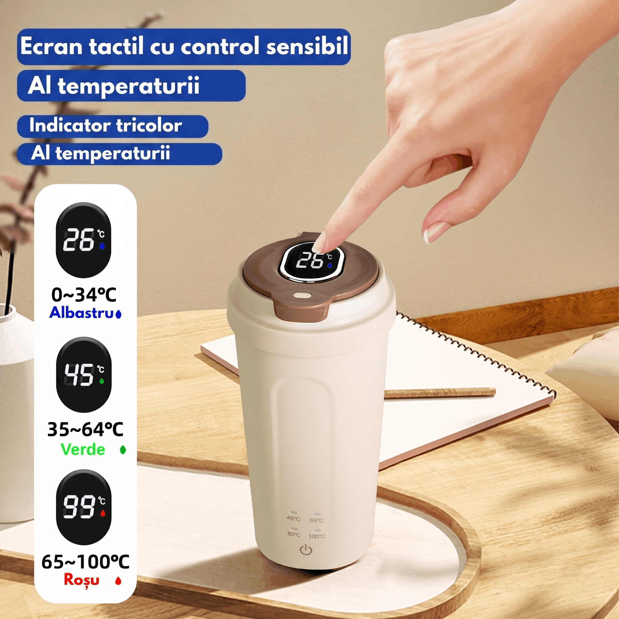 Gadgetry Fierbator Portabil, Termos Electric 500ML, 4 Presetari de Temperatura, Ecran Tactil Pentru Afisarea Temperaturii