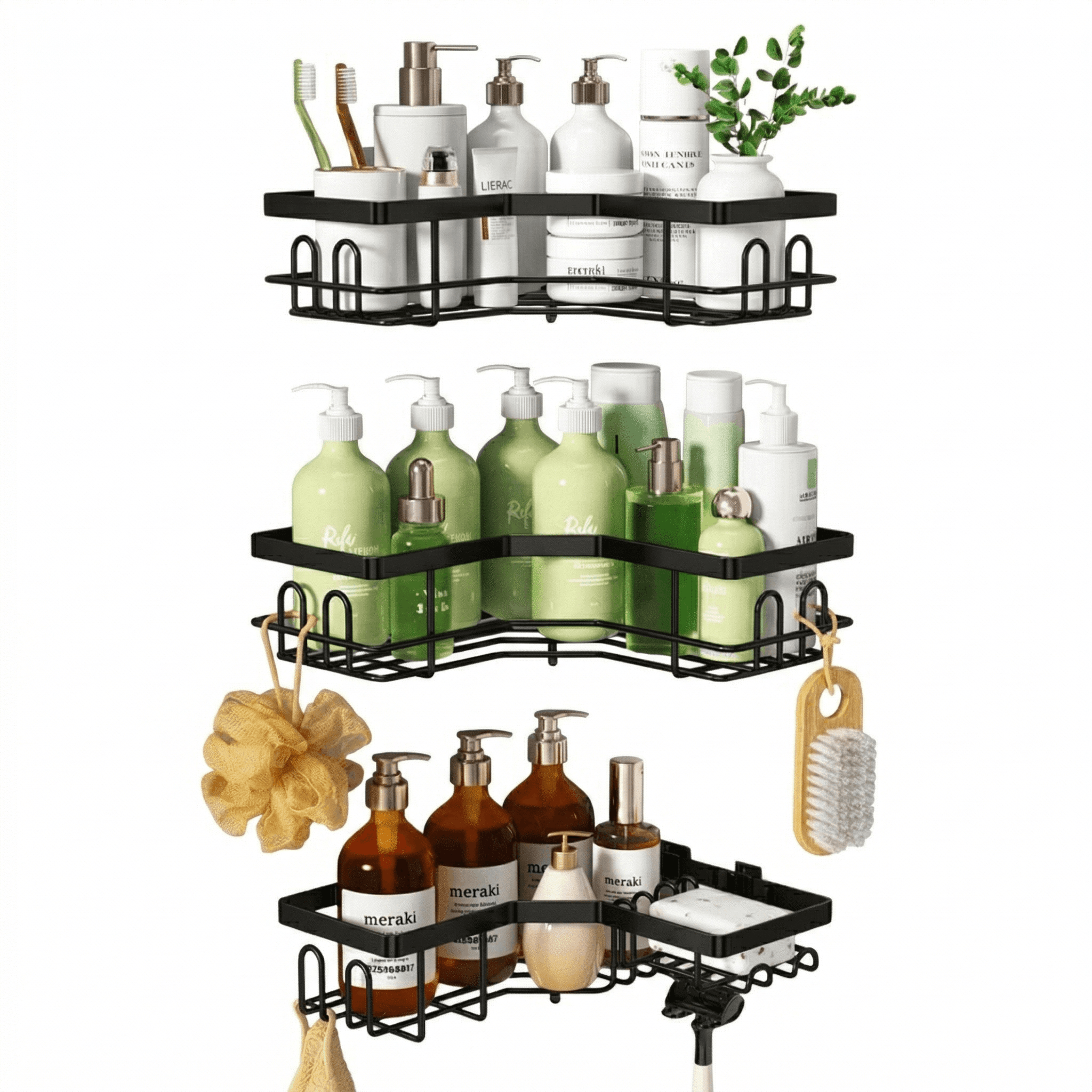 Gadgetry Raft de Dus, Etajera Baie si Bucatarie, Din Otel Inoxidabil, Pentru Depozitare in Bucatarie, Organizator Baie, set 3 rafturi de dus, Gel Dus, Montaj Fara Gauri