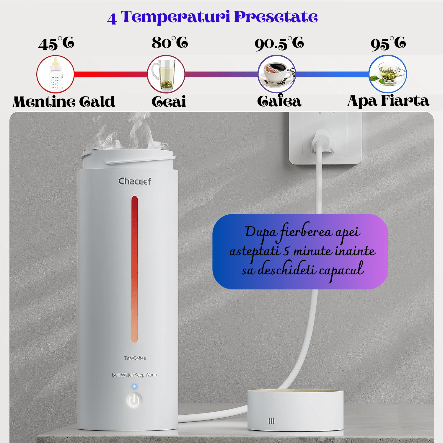 Fierbator Portabil Gadgetry, Termos Electric, 350 ml, 4 Presetari de Temperatura, Banda Led Afisaj Temperatura, Functie Mentinere Cald, Otel Inoxidabil, Alimentare Cablu 220V