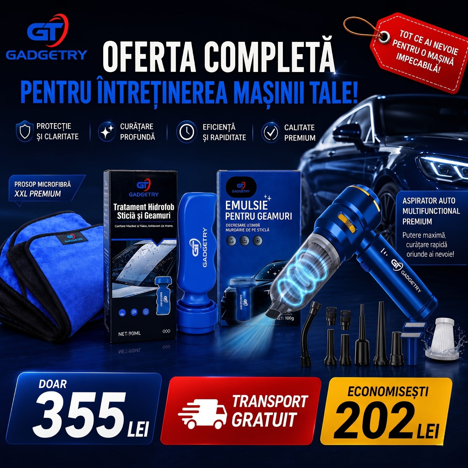 Pachet Promotional Ingrijire Auto Aspirator + Prosop + Solutie Curatare + Tratamen Nano Hidrofob