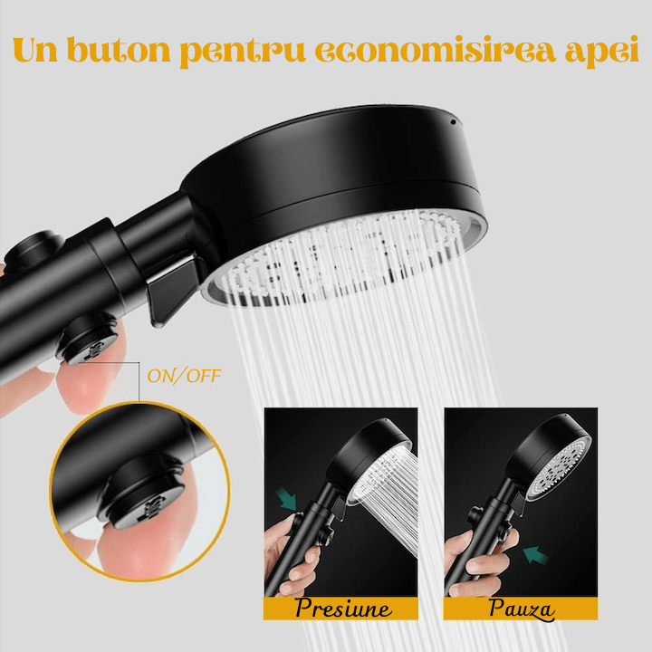 Para de Dus Gadgetry cu 5 Moduri de Pulverizare, cu Elice si Presiune Mare, Comutator ON/OFF, Negru