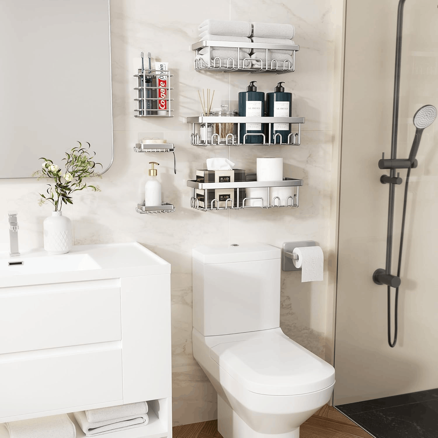 Gadgetry Raft de Dus, Etajera Baie si Bucatarie, Din Otel Inoxidabil, Pentru Depozitare in Bucatarie, Organizator Baie, set 6 rafturi de dus, Gel Dus, Montaj Fara Gauri, Gadgetry