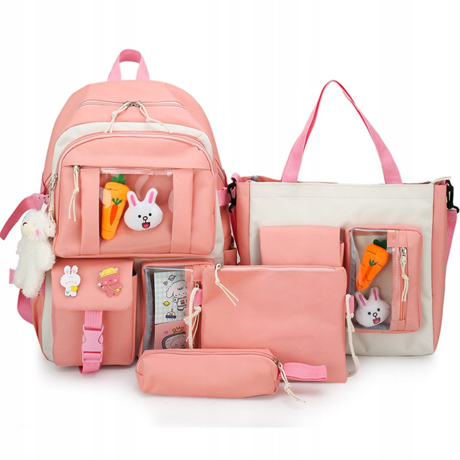 Set 4-in-1 pentru Scolari sau Prescolari - (rucsac, geanta de umar, plic elegant, penar), culoare ROZ cu IEPURAS, Cod AVX-WT-BUNN-PINK