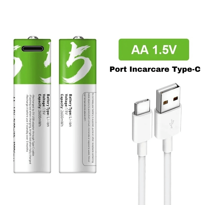 Baterii Reincarcabile USB 1.5V , Acumulatori de  2600mAh, AA, Litiu-Ion, 2 buc