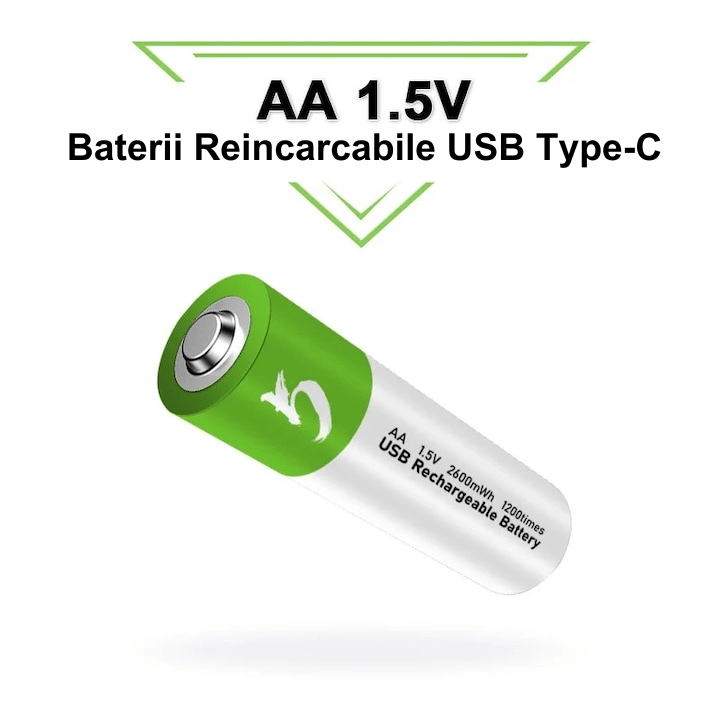 Baterii Reincarcabile USB 1.5V , Acumulatori de  2600mAh, AA, Litiu-Ion, 2 buc