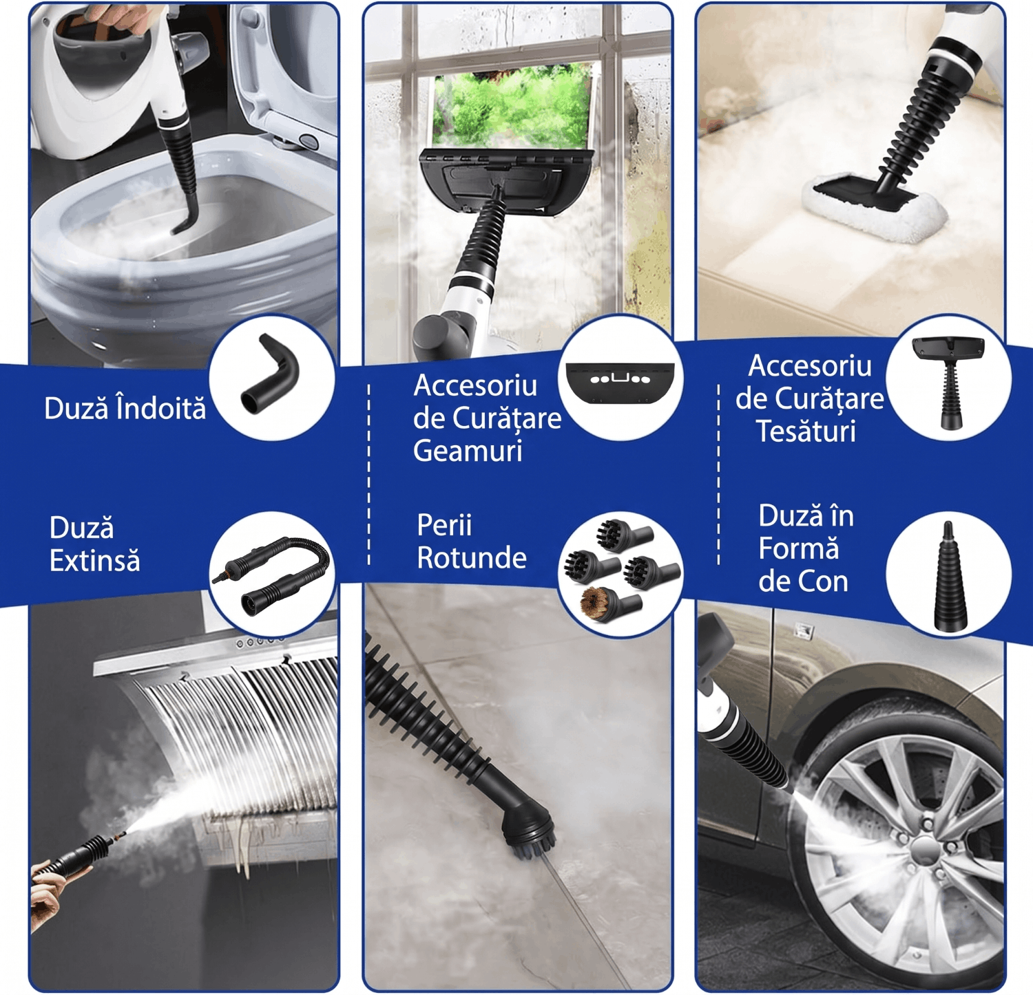 Aparat Portabil de Curățat cu Abur, 135°C, 900-1050W,3 Bari,Rezervor 450 ml, 9 Accesorii, Curățare Fără Chimicale, pentru Casă, Mașină, Bucătărie, Baie și Tapițerie