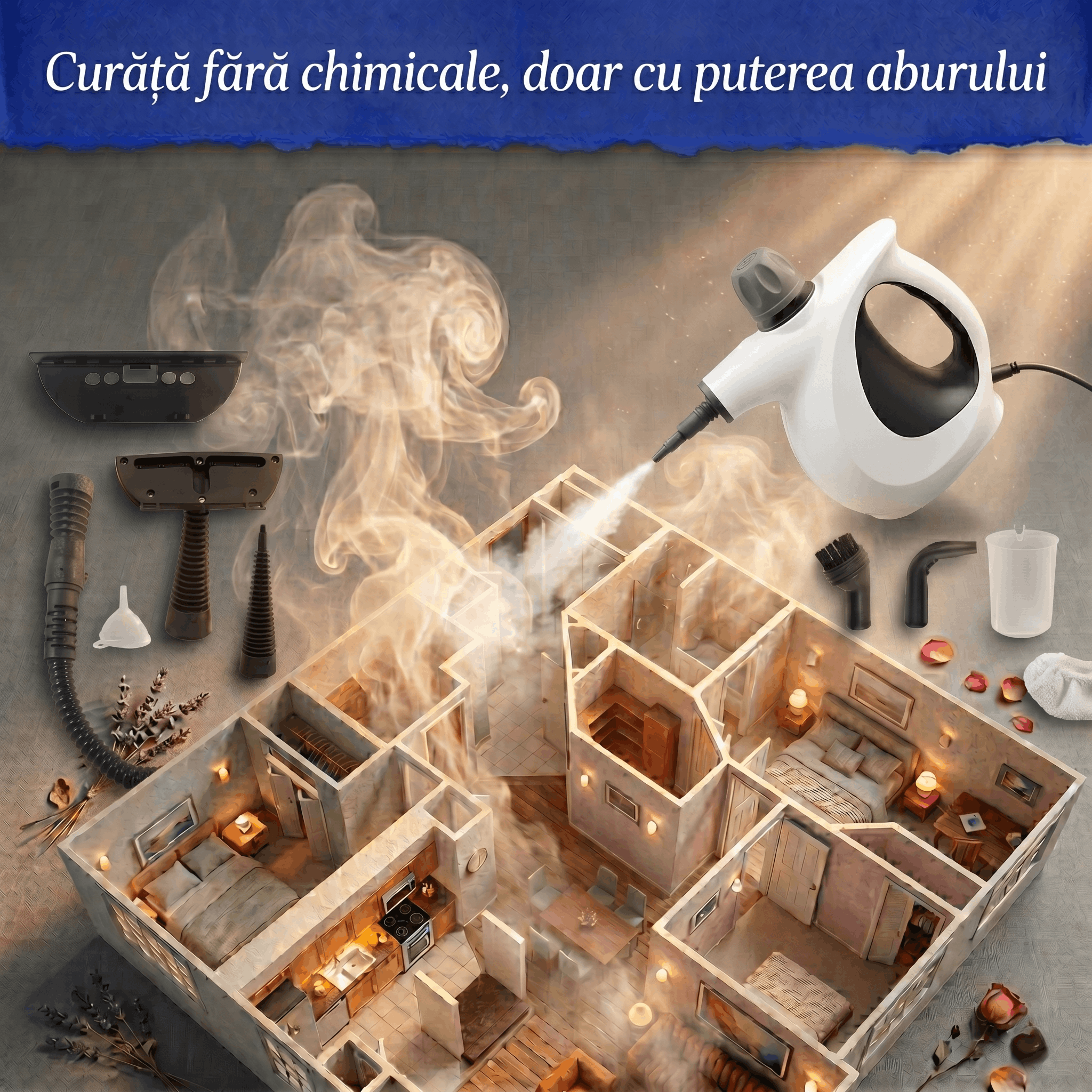Aparat Portabil de Curățat cu Abur, 135°C, 900-1050W,3 Bari,Rezervor 450 ml, 9 Accesorii, Curățare Fără Chimicale, pentru Casă, Mașină, Bucătărie, Baie și Tapițerie