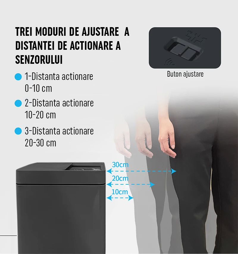 Cos de Gunoi cu Senzor Automat Negru Gadgetry, Capacitate 50L, cu Capac Glisant Anti-Miros, Generator de Ioni Negativi pentru Purificare a Aerului, si o Deschidere/Inchidere Silentioasa.