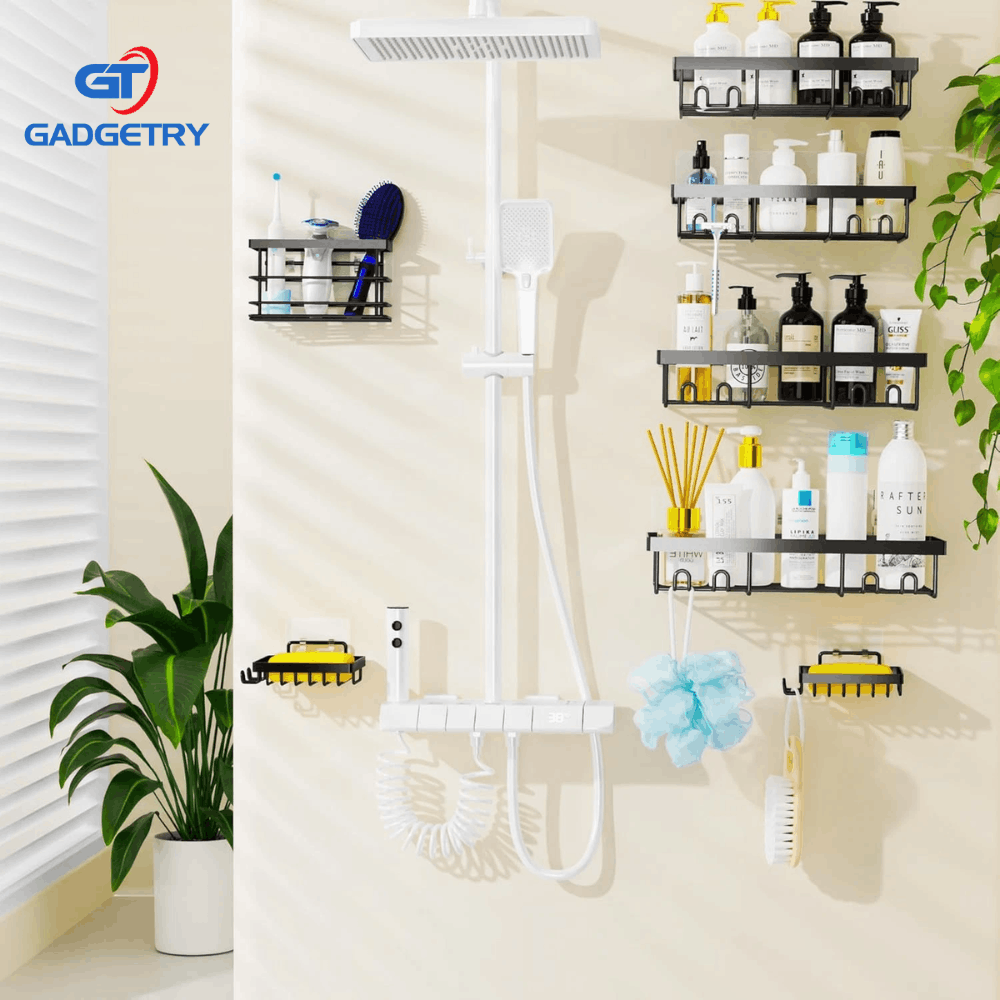 Gadgetry Raft de Dus, Etajera Baie si Bucatarie, Din Otel Inoxidabil, Pentru Depozitare in Bucatarie, Organizator Baie, set 6 rafturi de dus, Gel Dus, Montaj Fara Gauri, Gadgetry