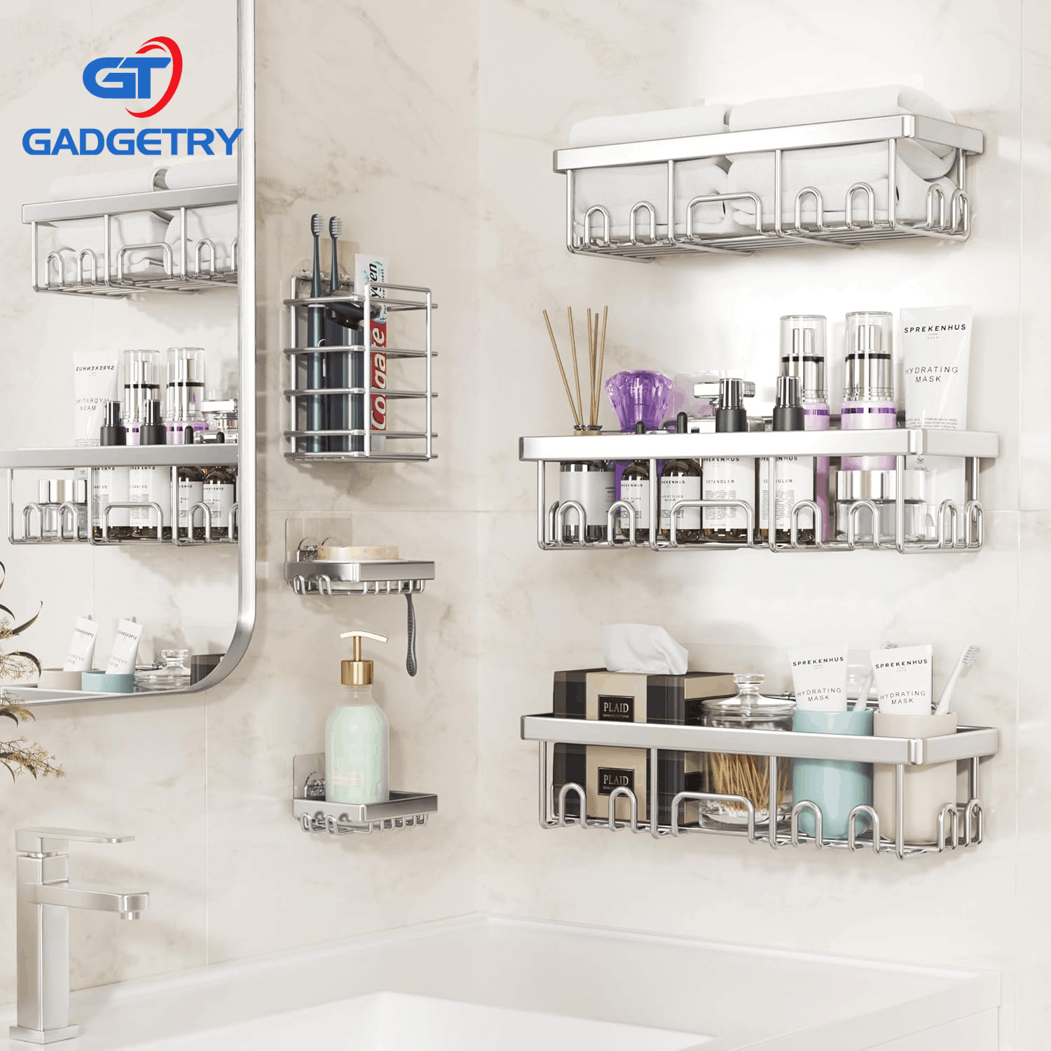 Gadgetry Raft de Dus, Etajera Baie si Bucatarie, Din Otel Inoxidabil, Pentru Depozitare in Bucatarie, Organizator Baie, set 6 rafturi de dus, Gel Dus, Montaj Fara Gauri, Gadgetry