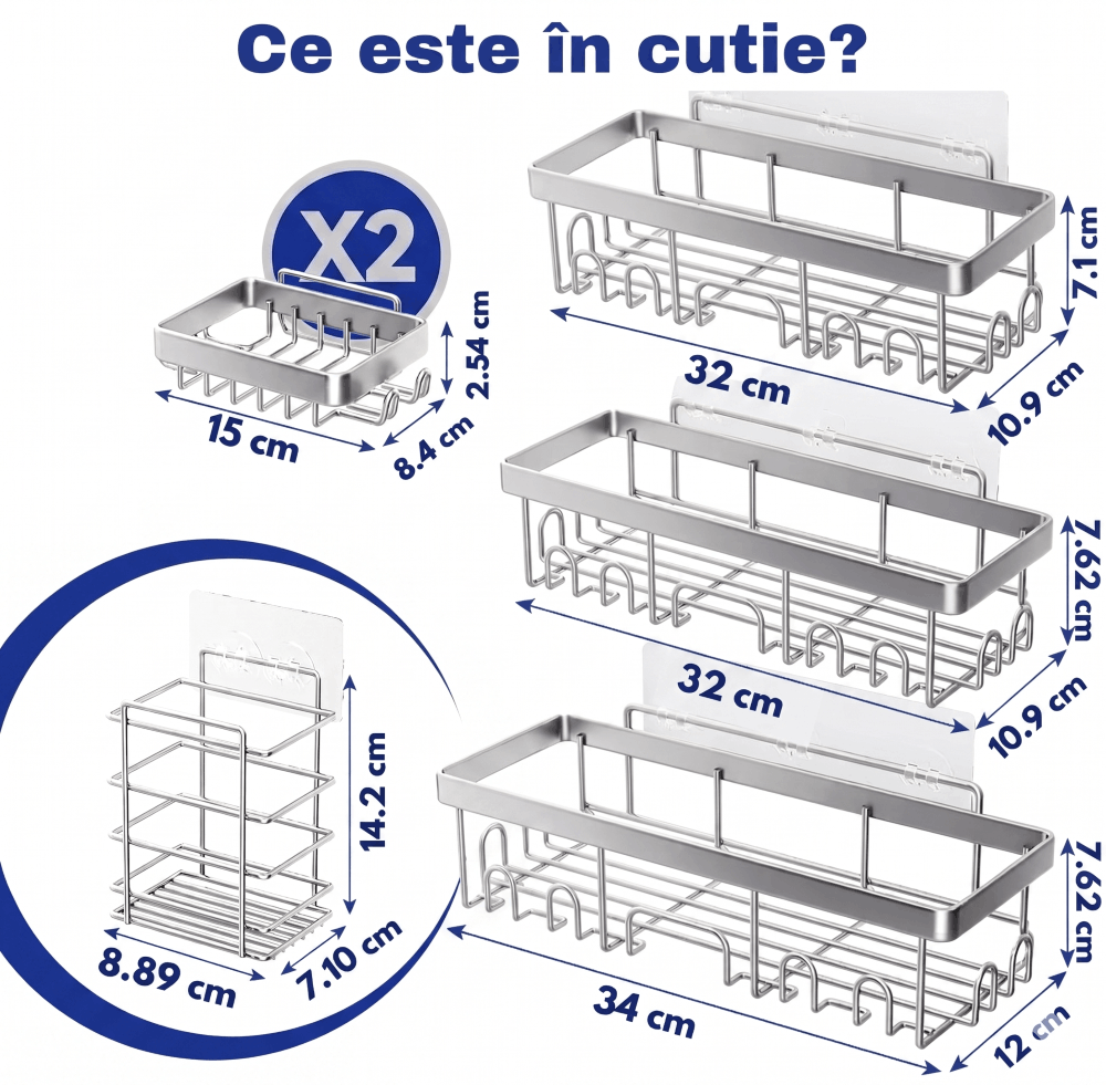 Gadgetry Raft de Dus, Etajera Baie si Bucatarie, Din Otel Inoxidabil, Pentru Depozitare in Bucatarie, Organizator Baie, set 6 rafturi de dus, Gel Dus, Montaj Fara Gauri, Gadgetry