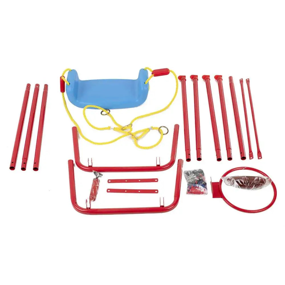 Set de gradina 3in1 pentru copii, Leagan + Cos de Baschet + Minge, cadru metalic, culoare Rosu