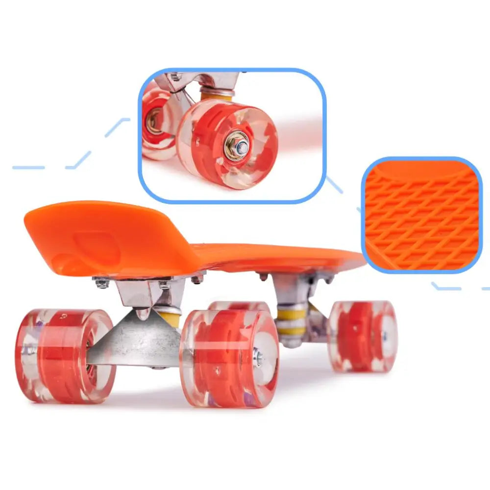 Skateboard Penny Board pentru copii cu roti din cauciuc, iluminate LED, culoare Orange